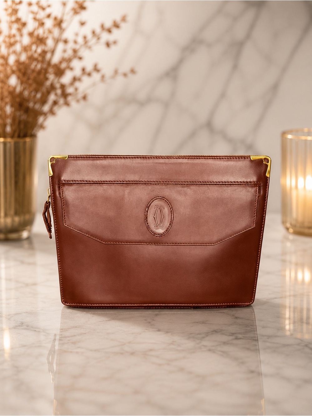 Cartier Vintage Bordeaux Leather Cosmetic Bag | Toiletry Pouch | COA + Dust Bag